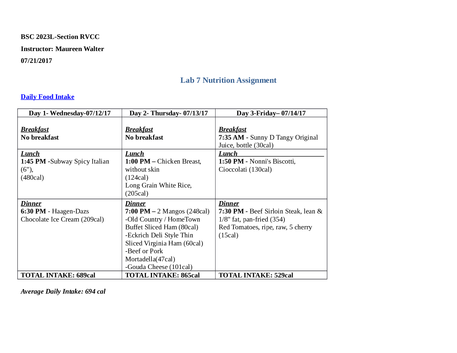 Preview of BSC 2023L Lab 7 Nutrition Assignment